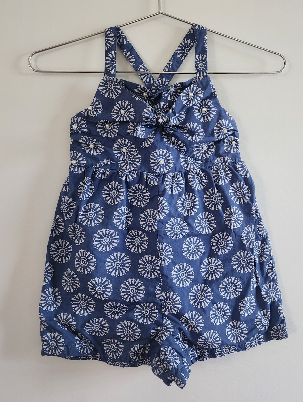 Tommy Bahama Girls Romper Blue White Floral Halter Pearls Sz 5-6 Vacation Summer